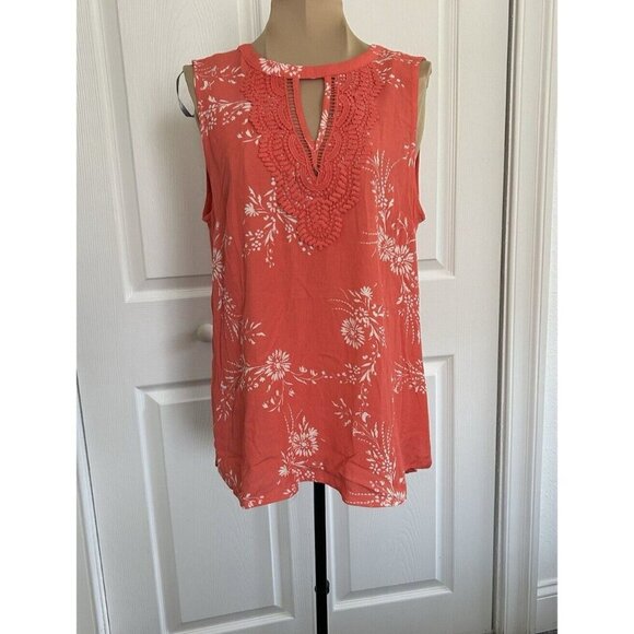 Daniel Rainn Women’s Orange Floral Crochet Trim Sleeveless Blouse Top Size M - Picture 1 of 8